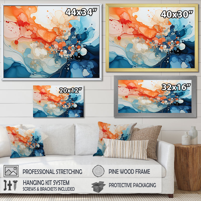 «Orange and Teal Essence Ink», reproduction d'art sur toile abstraite, Cadre flottant doré, L 32 po x H 16 po x P 1 po