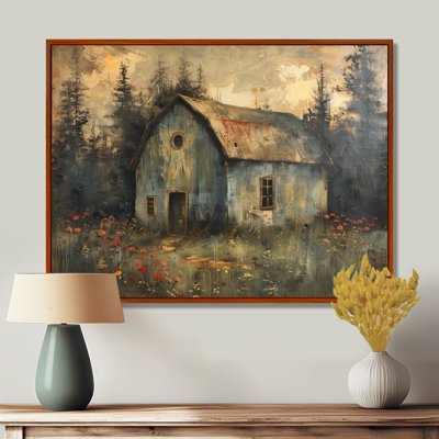 Grey Red Winter Country Cottage Barn - Barn Wall Art Living Room
