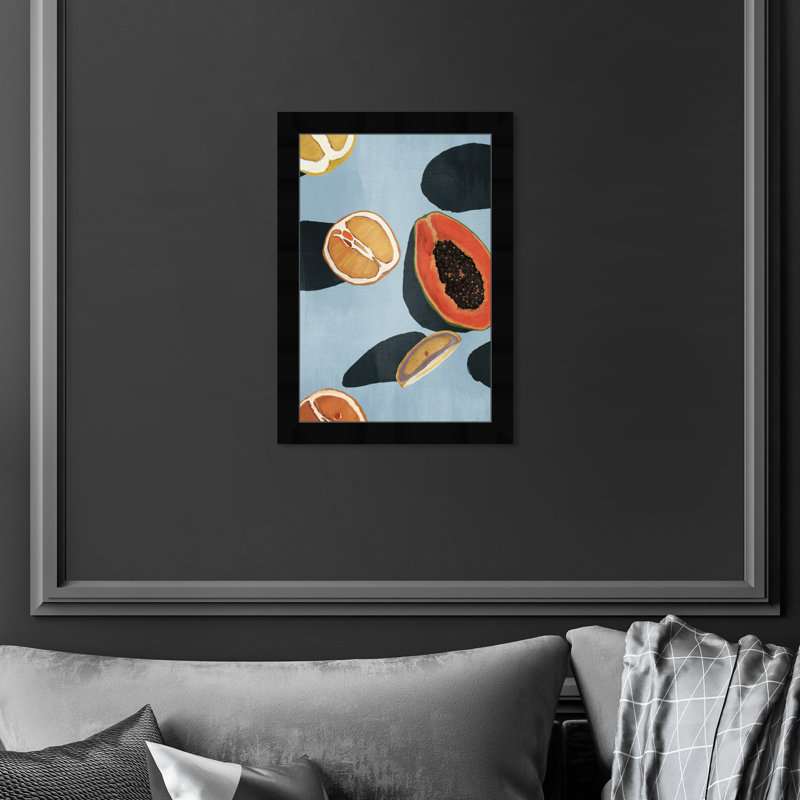 «Papaya Blues, Tropical Fruit Cocktail Modern Blue», impression encadrée pour la cuisine, H 15 po x l 10 po x P 1,75 po