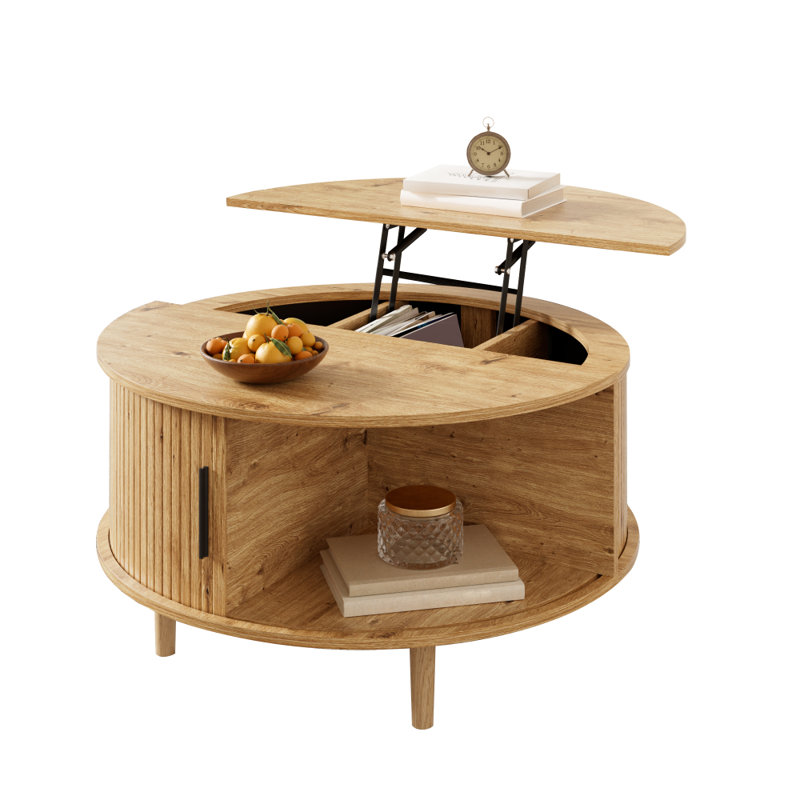 Round Lift-Top Coffee Table with Vertical Slats, Storage Compartment and Sliding Door, Oak, Oak, Oak