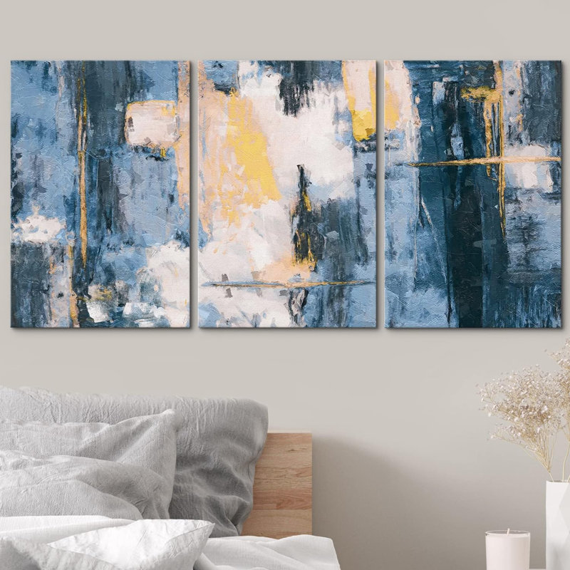«Minimal Blue Yellow Paint Landscape», 3 pièces sur toile, Toile tendue, H 24 po x l 48 po