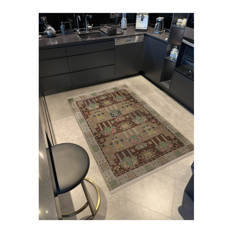Tapis décoratif rétro vert à motif traditionnel, Sous-tapis rectangulaire de 3 pi 3 po x 4 pi 11 po