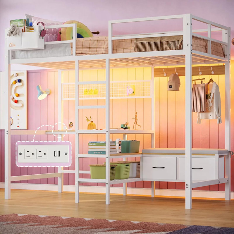 Loft Bed Twin Size With L-shaped Desk, Led Lights And Charging Station Twin Metal Tall Bed Frame With Storage Shelves,hall Tree Shoe And Bench With 2 Storage Drawers,safety Guard & Stair,