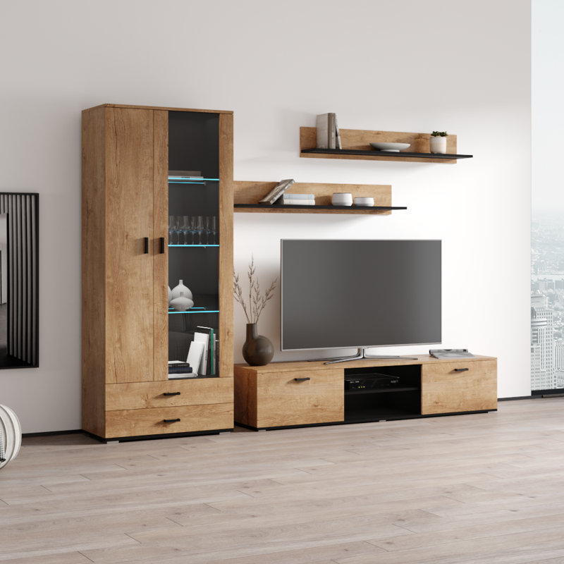 Sabala 105" Modern Entertainment Center with 16-Color LED Lighting, High Gloss Finish, Media Storage, Oak