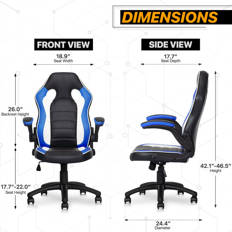 Faux Leather Chair with Floor Protector Mat Set, PU Computer Gaming Racer Seat with Flip-Up Handrail, Black/White/Blue
