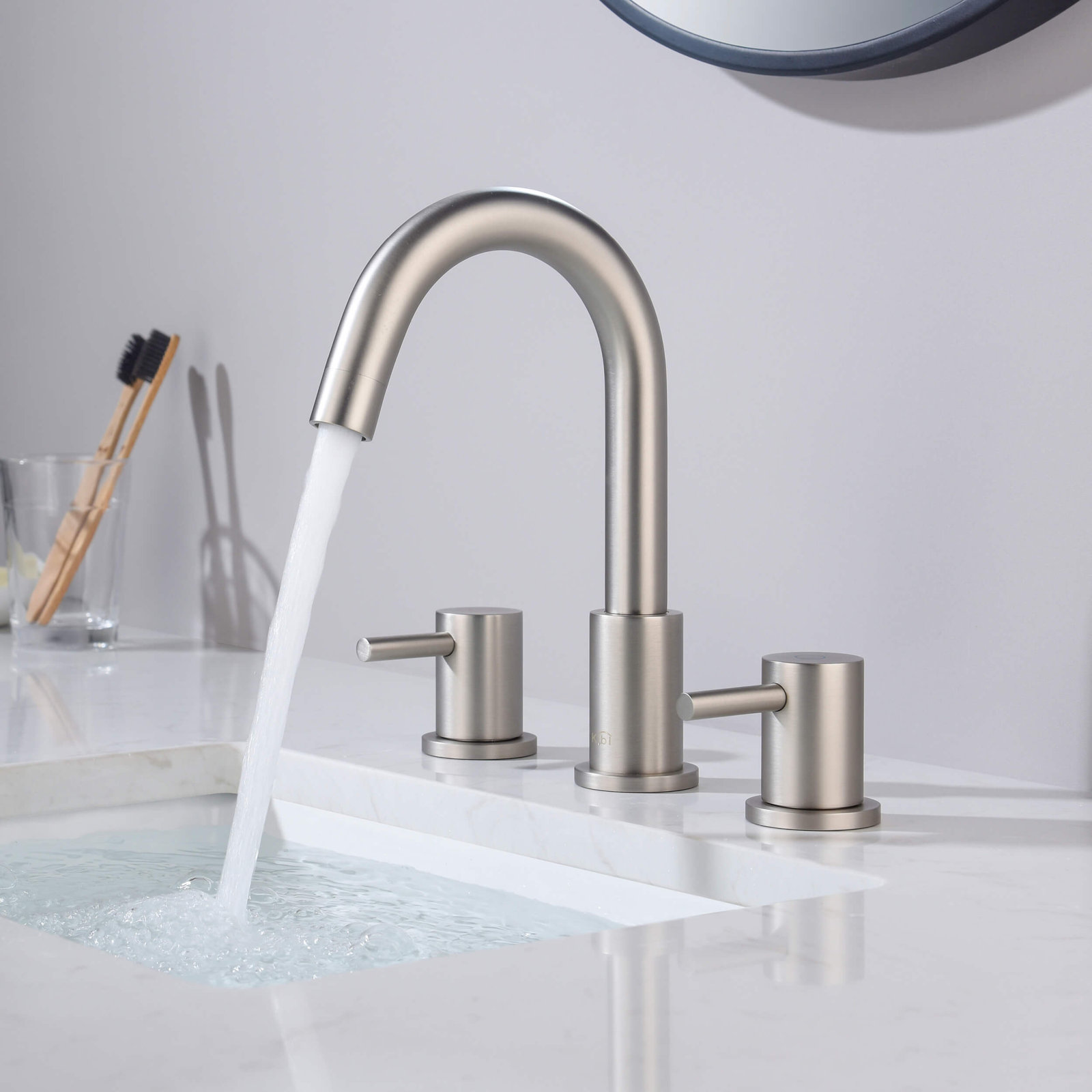 Circular Widespread Bathroom Faucet 3 Hole, 2-handle Bathroom Sink Faucet with Drain Assembly, Brushed Nickel