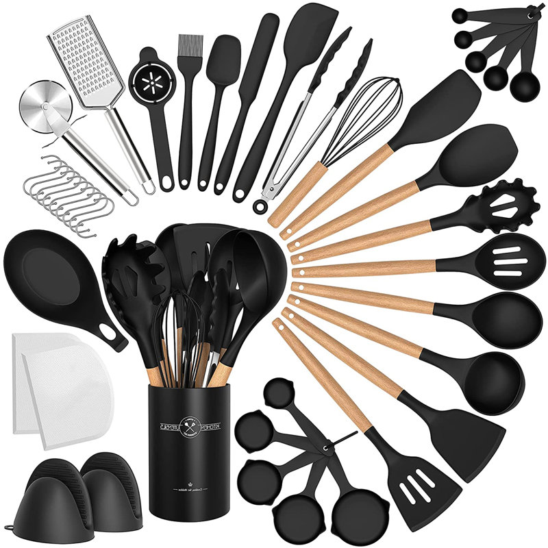 Ensemble d'ustensiles de cuisine en silicone, ensemble d'ustensiles de cuisine antiadhésif avec poignée en bois pour la cuisson, la cuisson et le mélange, meilleurs outils de cuisine avec support