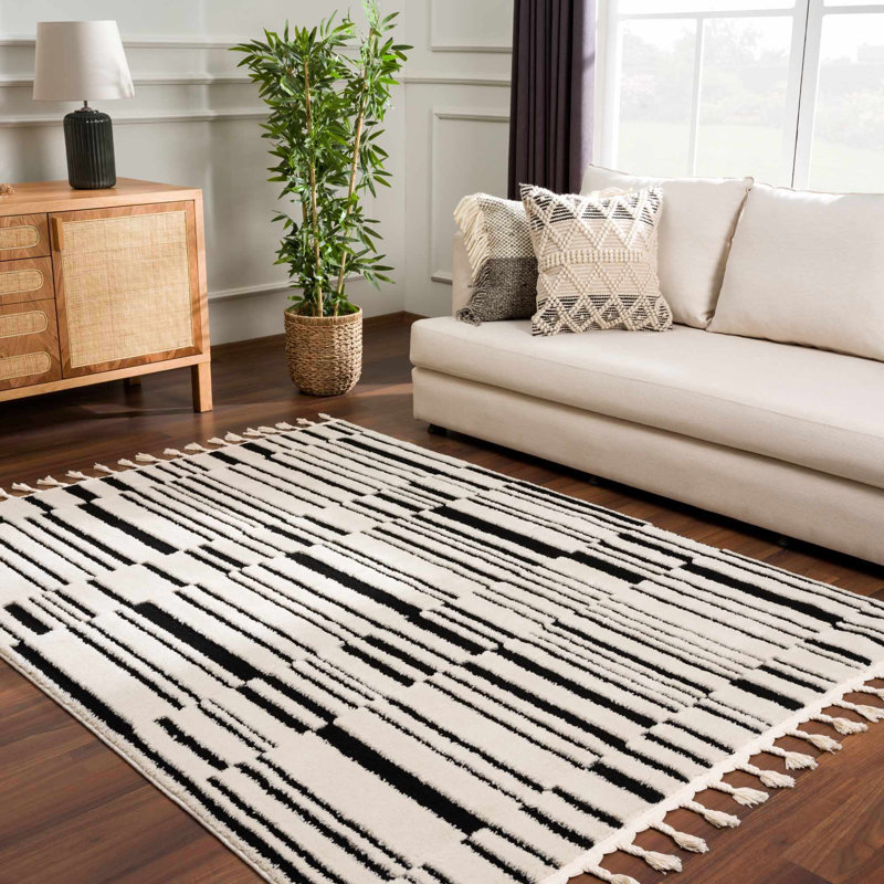 Jdan Striped Machine Woven Polypropylene Area Rug in Black, Rectangle 7'10" x 10'