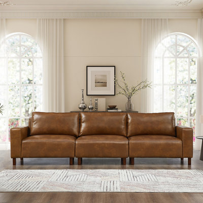 112" Faux Leather Sofa With Wood Legs