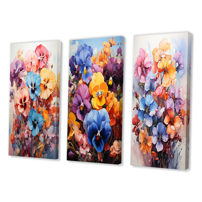 «Pansies Représentation multicolore acrylique I», 3 pièces sur toile, H 20 po x l 36 po, Toile tendue