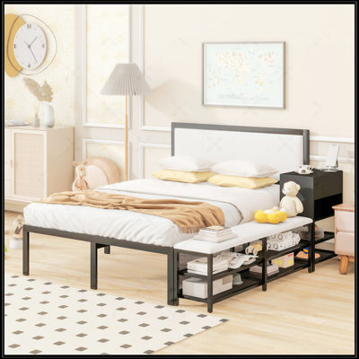 Full Size Metal Platform Bed With Two-Tier Storage Shelves And Wooden Cabinet, Black