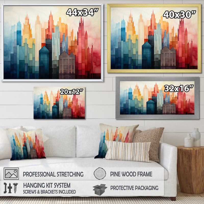 Aquarelle colorée, art mural New York City IV, Cadre d'angle fermé noir, H 34 po x l 44 po x P 1,5 po