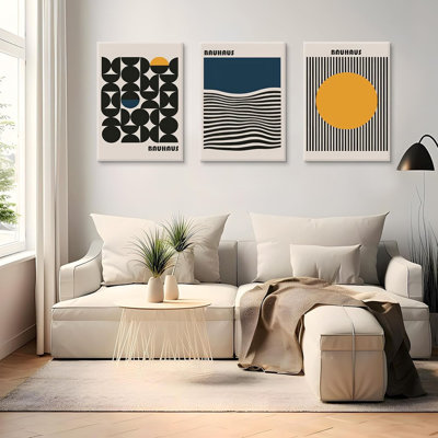 3Pcs Bauhaus Style Wall Art Bohemian Abstract Wall Decor Minimalist Canvas Mid Century Moderngeometry Poster Prints Painting Picture Suitable For Living Room Bedroom （12X16 Canvas）