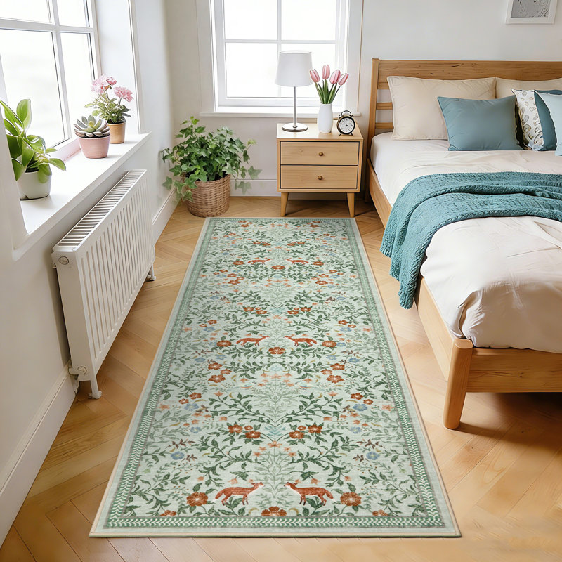Tapis floral lavable à la machine avec envers en caoutchouc durable pour le salon, Green, Runner 2' x 6'