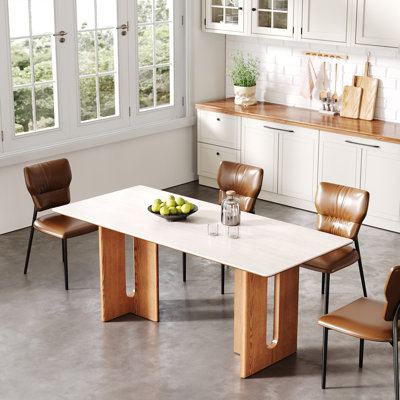 Modern Rectangular Dining Table With Sintered Stone Top And Solid Wood Trestle Legs – 63-Inch Farmhouse Style Kitchen Table For 6