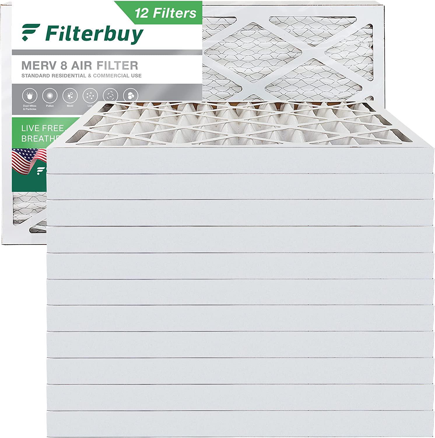 Filterbuy 16x25x2 Air Filter MERV 8, Pleated HVAC AC Furnace Filters