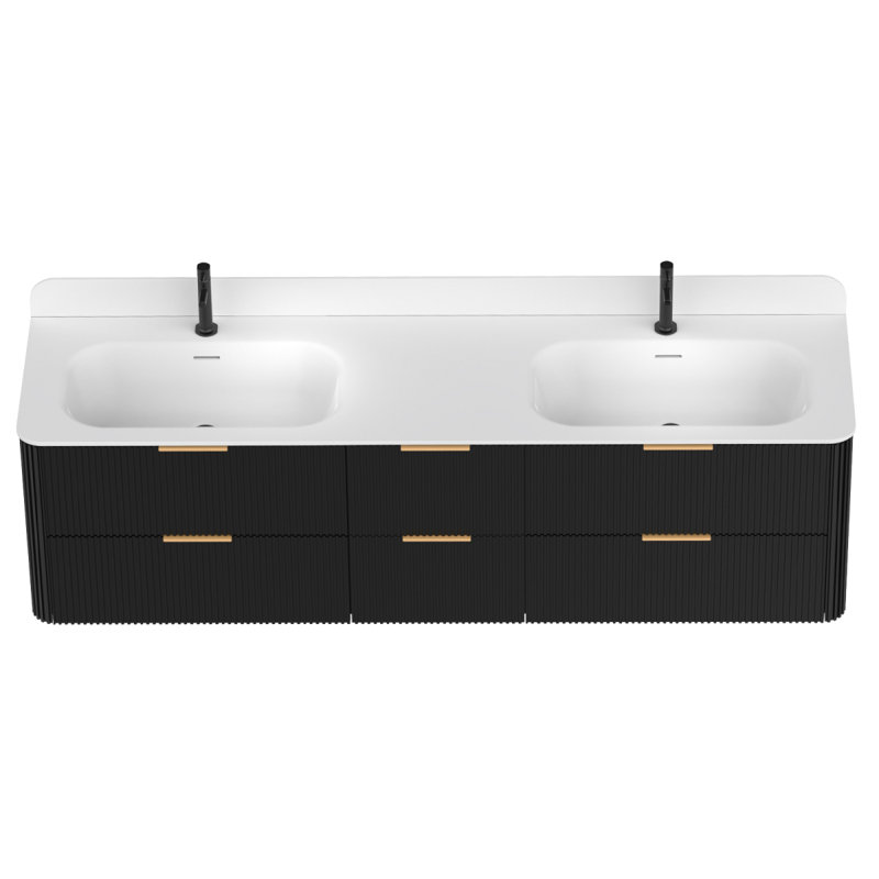 72 po Meuble-lavabo cannelé en chêne noir avec lavabo intégré et quincaillerie dorée, Noir, 72"