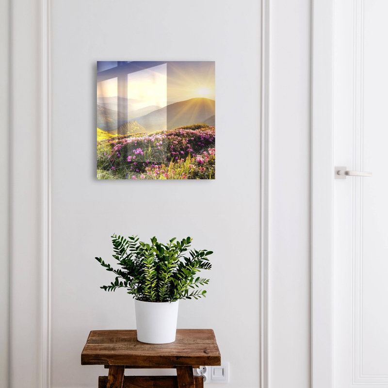 Key box for wall, Opens to the left, 30x30x5, Black, Mountains and pink flowers at sunrise, 