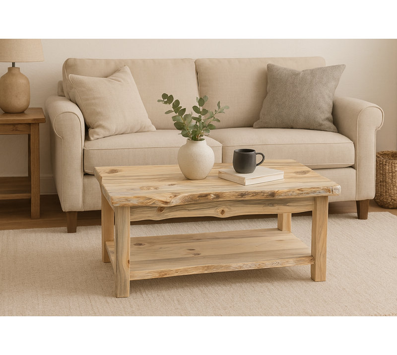 Table basse Big Edge de la collection Big Sky avec tablette, finition laquée transparente naturelle