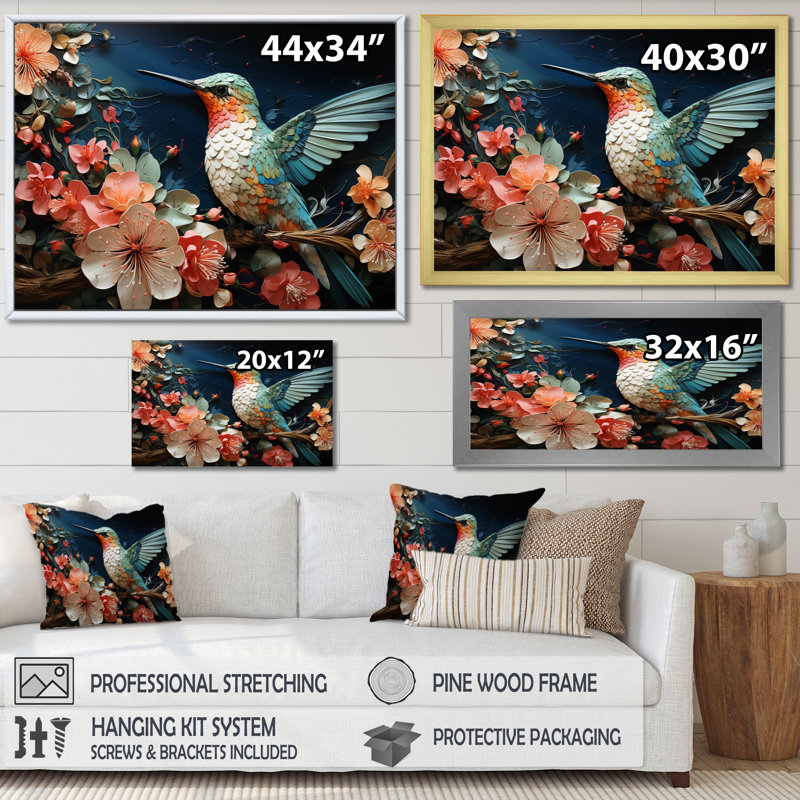 Teal Pink Hummingbird Harmony - Animals Canvas Wall Art, Cadre flottant doré, H 16 po x l 32 po x P 1 po