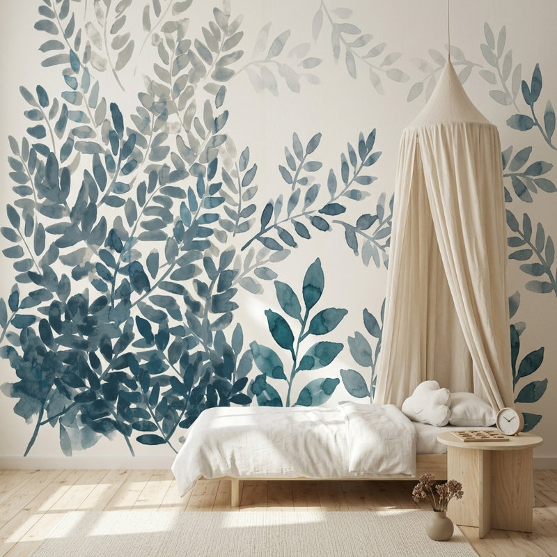 Papier peint botanique amovible sur fond blanc, Peler et coller, 200 po x 120 po