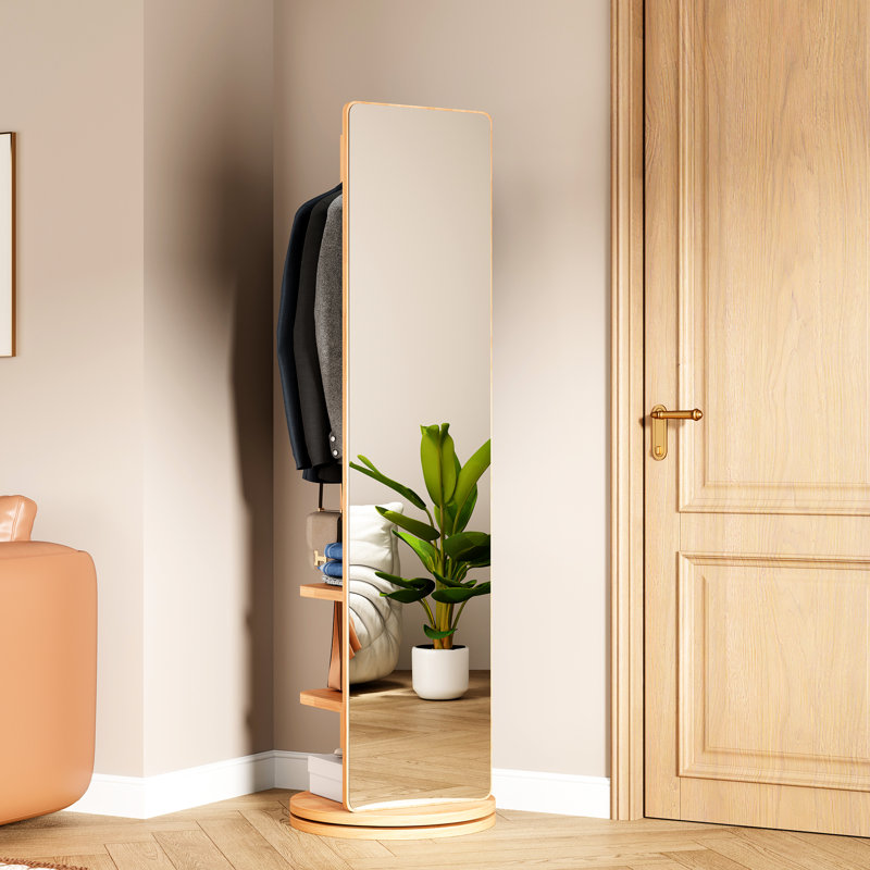 Solid Wood Full - Length Mirror With 360 Rotation And Storage Hook, Suitable For Clothing Store Hook Storage, Corridor