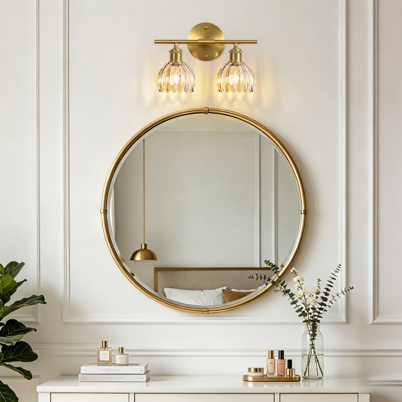 Éclairage pour meuble-lavabo en or 2 lumières avec abat-jour en verre tulipe ambré, applique murale moderne pour miroir, salle d'eau, couloir
