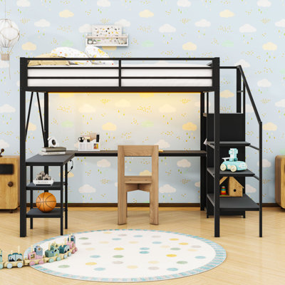 Metal Loft Bed With Storage Stairs, Desk, LED Light And USB Charging Station
