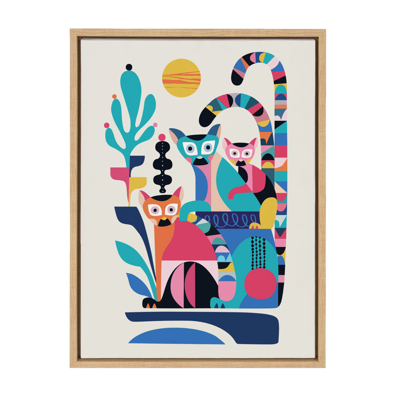 «Mid Century Modern Lemur» par Rachel Lee, 3 oiseaux, reproduction d'art sur toile encadrée, Naturel
