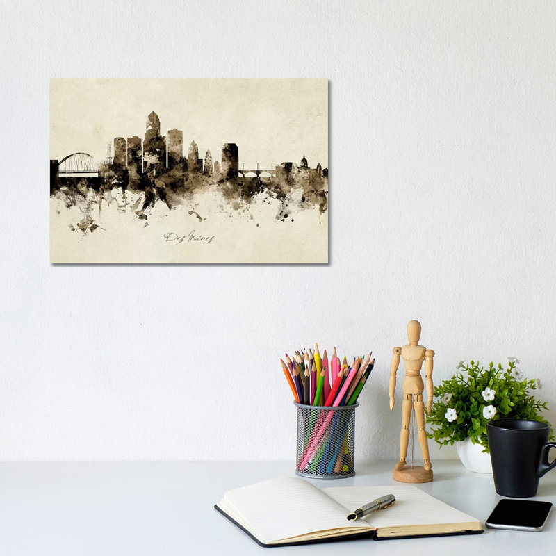 «Des Moines Iowa Skyline» par Michael Tompsett, impression sur toile tendue, H 8 po x l 12 po x P 0,75 po