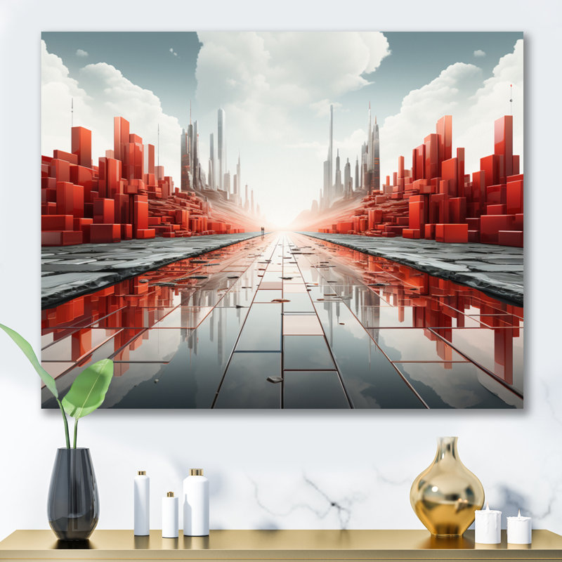 Abstrait paysage urbain futur II sur toile, H 30 po x l 40 po, Toile tendue