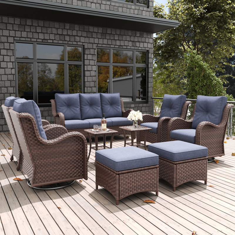 LayinSun 9 Pieces Outdoor Patio Furniture Set With Sofa And Ottoman, Navy, Brown