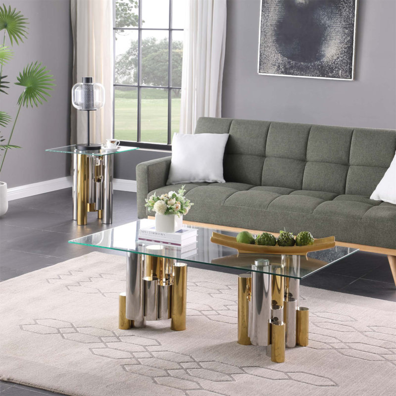 Table basse rectangulaire en acier inoxydable pour le salon, table de centre moderne et élégante en verre trempé transparent de 48 pouces