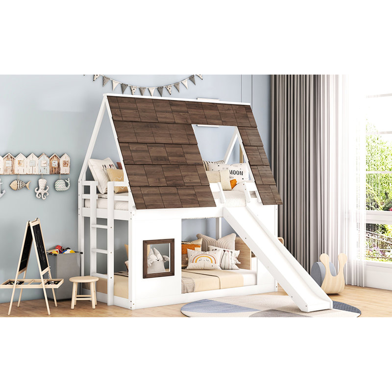 Lit superposé simple en blanc + brun - avec toit et glissade pour la chambre à coucher avec fabrication en bois