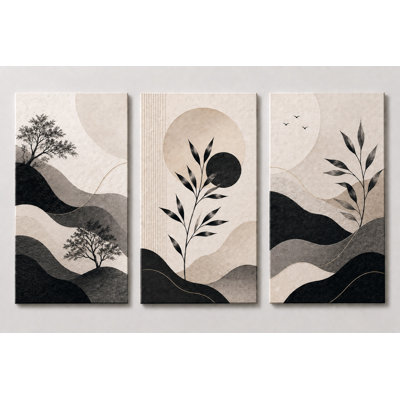Très grand ensemble de 3 reproductions d'art sur toile botanique moderne abstraites en noir et blanc pour décor de bureau de chambre à coucher, impression sur toile 24 x 36 pouces - prête à être accrochée