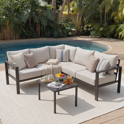 77" Wide L-Shaped Outdoor Patio Sectional Sofa With Realistic Wood-Texture Metal Frame And Cushions