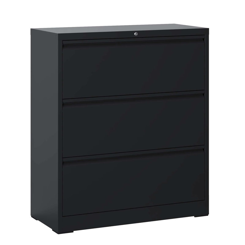 Lockable Black Metal 3 Drawer Filing Cabinet For Professional Office Locking Use, Exterior, Black