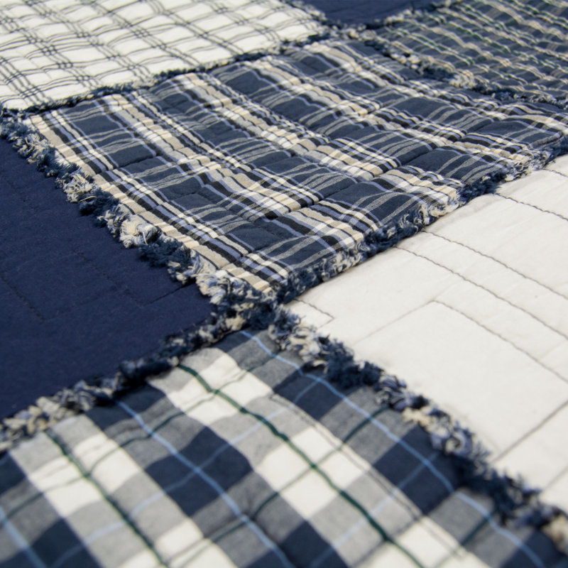Checkerboard Indigo Cotton Quilted Patchwork Quilt Set, King Quilt + 2 King Sham