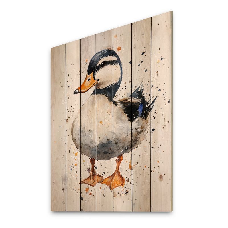 «Waddling Feet Duck», impression sur bois blanc moderne sur bois de pin naturel, H 32 po x l 24 po
