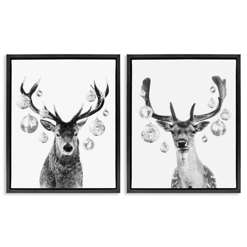 «Black and White Disco Deer», ensemble de 2 toiles flottantes encadrées par Victoria Barnes, Cadre flottant noir de jais