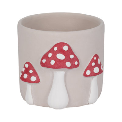 Cement Planter with Mushroom Accents - Decorative and Durable Pot for Indoor or Outdoor Plants.