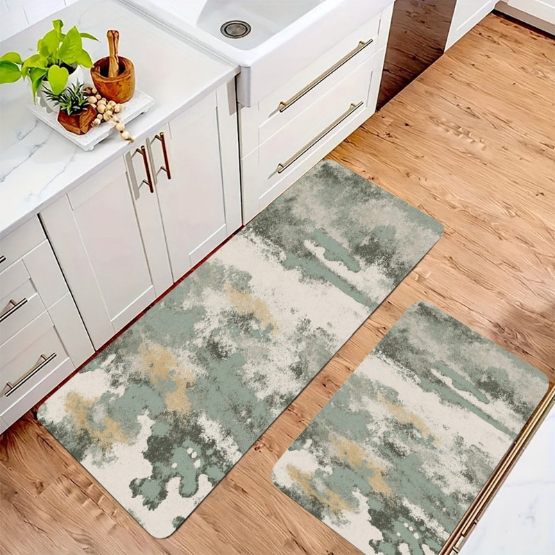 Tapis de cuisine antidérapant 2 pièces Earthy, Vert / motif abstrait brun