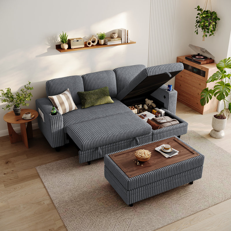 Sherry L Shaped Corduroy Sleeper Sectional With Storage Chaise , Ottoman And USB Charging, Milo Gray Corduroy