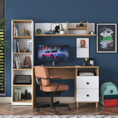 Bureau d'étude moderne avec finition noyer et blanc, 47,2 po x 63,7 po x 19,7 po | 100% panneau de particules enduit de mélamine, épaisseur: 0,7 pouce | Conception élégante et fonctionnelle pour les bureaux à domicile et les espaces d'étude, facile à assembler