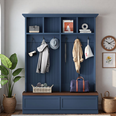 Farmhouse Hall Tree With Wood Grain Bench, Coat Rack, 2 Large Drawers And Open Storage Space