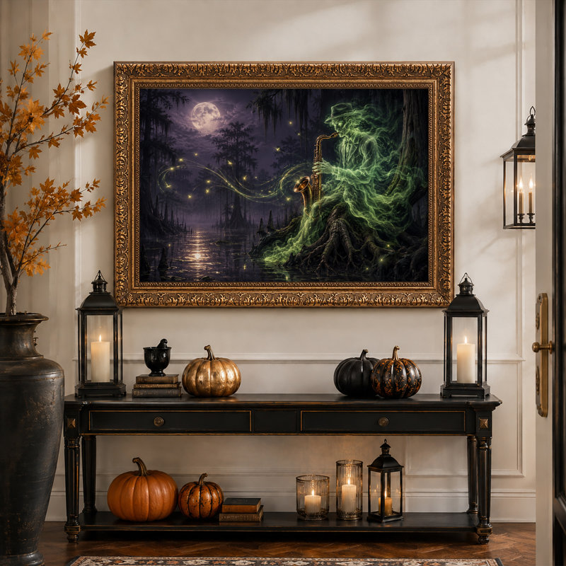 Tableau sur toile d'Halloween représentant un fantôme vert jouant du saxophone dans un bayou brumeux, 20"H x 30"W