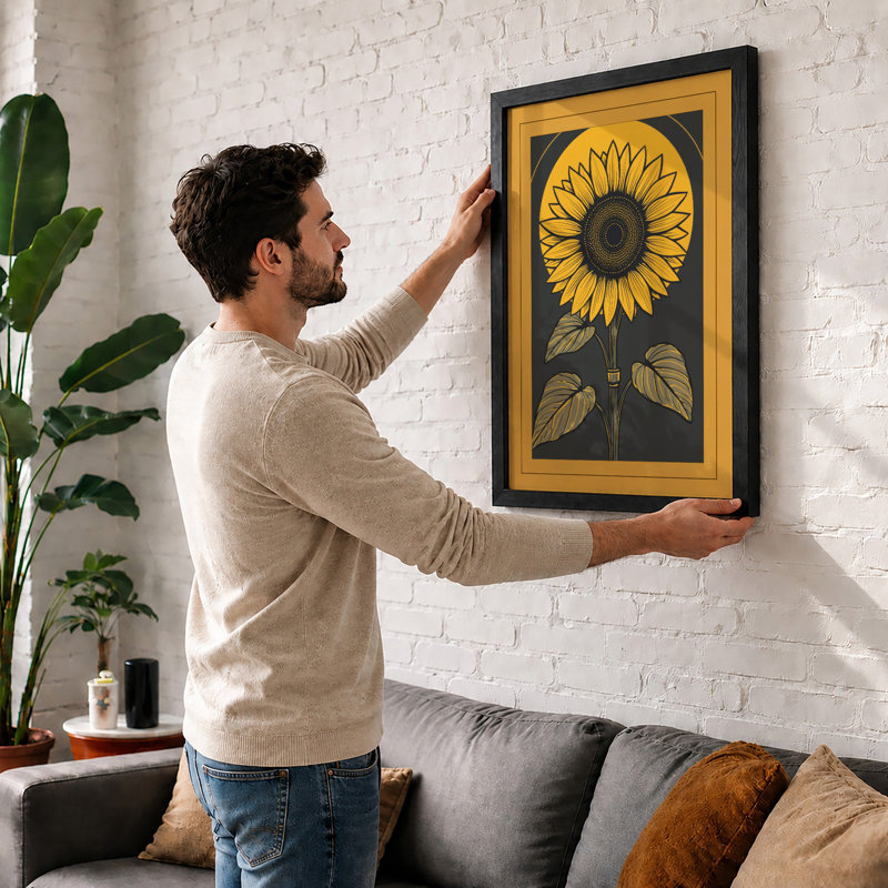 Golden Sunflower Botanical - Print, A1 - 84.1 x 59.4 cm, Black