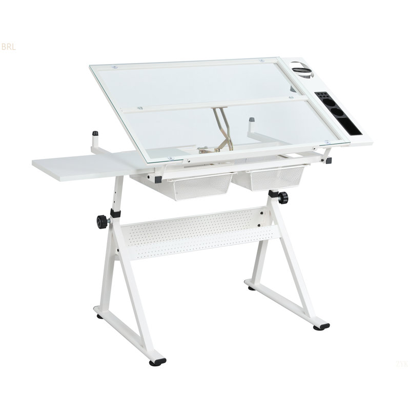 WHITE Adjustable Tempered Glass Drafting Printing Table With Chair