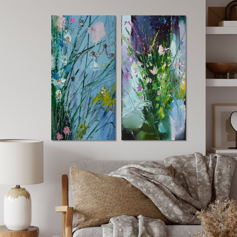 Fleurs abstraites jaunes et vertes - Ensemble de 2 peintures sur toiles, Toile tendue, H 20 po x l 24 po x P 1 po