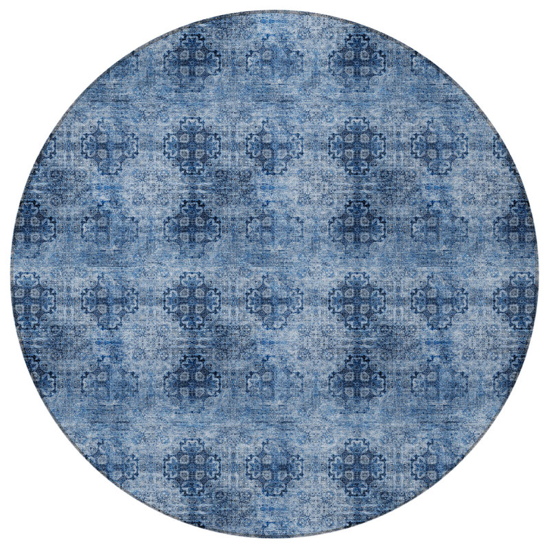 8' Round Blue And Ivory Round Floral Stain Resistant Indoor Outdoor Area Rug 8' Round Blue And Ivory Round Floral Stain Resistant Indoor Outdoor Area Rug